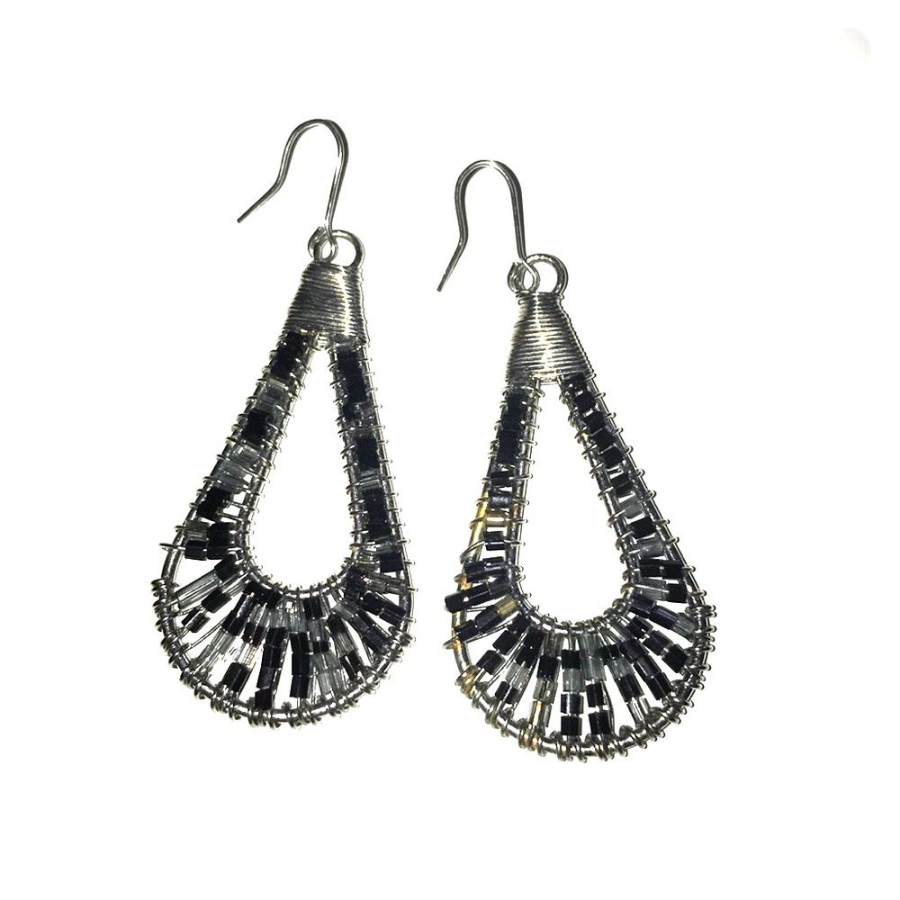 Silver and black beaded earrings.
